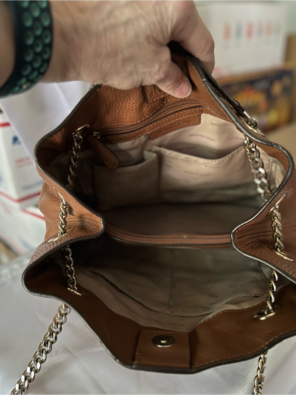 Michael Kors Cognac Pebbled Leather Crossbody Bag with Chain Straps - Picture 11 of 12
